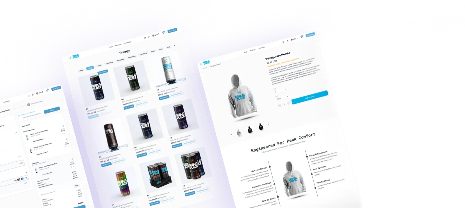 Open Shop storefront pages showing product listings, a product detail page, and checkout